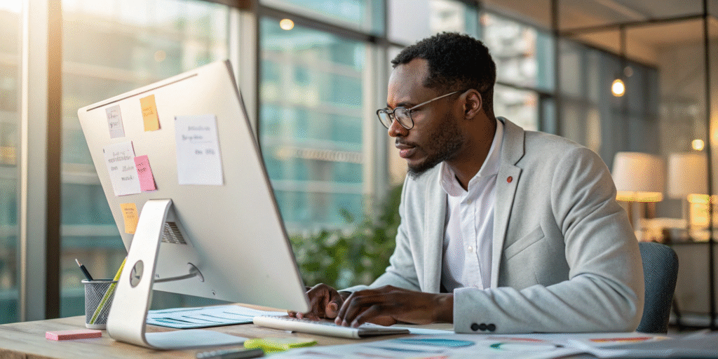 Référencement SEO à Dakar — Consultant SEO en train d’analyser un site internet sur un écran avec indicateurs de trafic