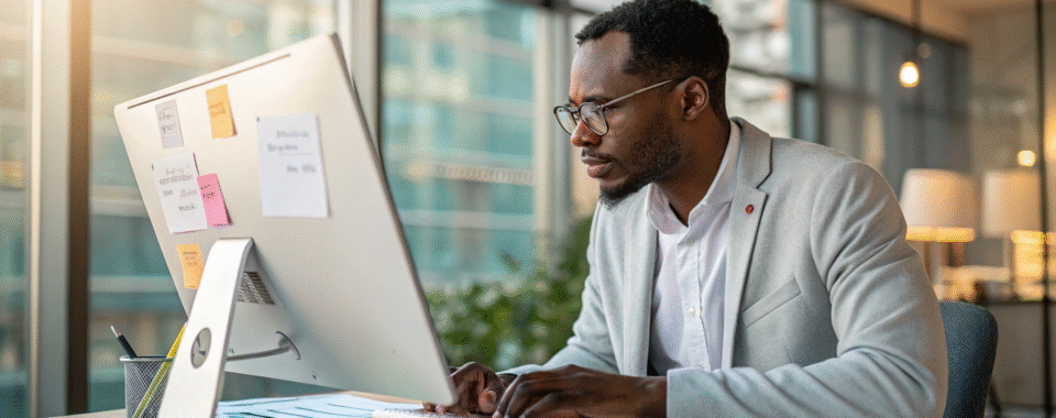 Consultant SEO en train d’analyser un site internet sur un écran avec indicateurs de trafic