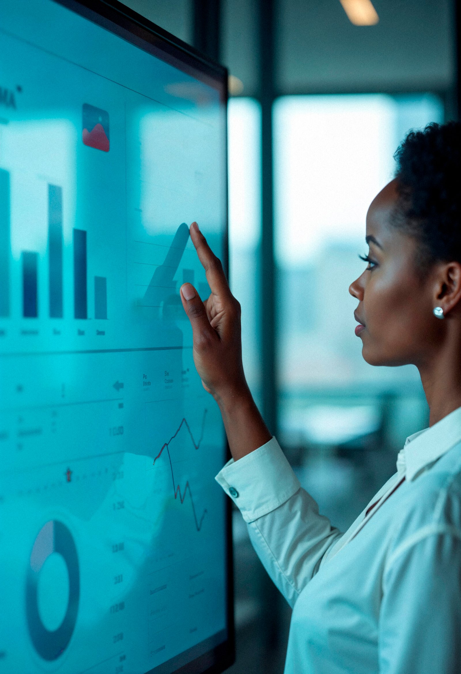 Une consultante en stratégie digitale présentant un dashboard d'analytics (Google Data Studio ou tableau de KPI) à une équipe lors d'une réunion.