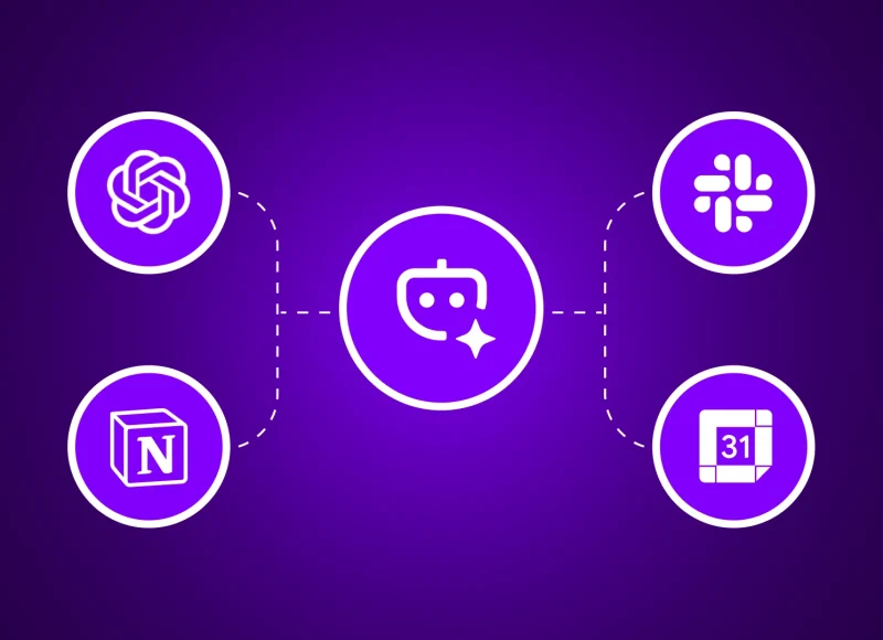 Interface représentant des flux de travail automatisés entre différentes applications connectées (calendrier, email, CRM)